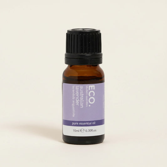 Bottle of ECO Australian lavender pure essential oil on a beige background
