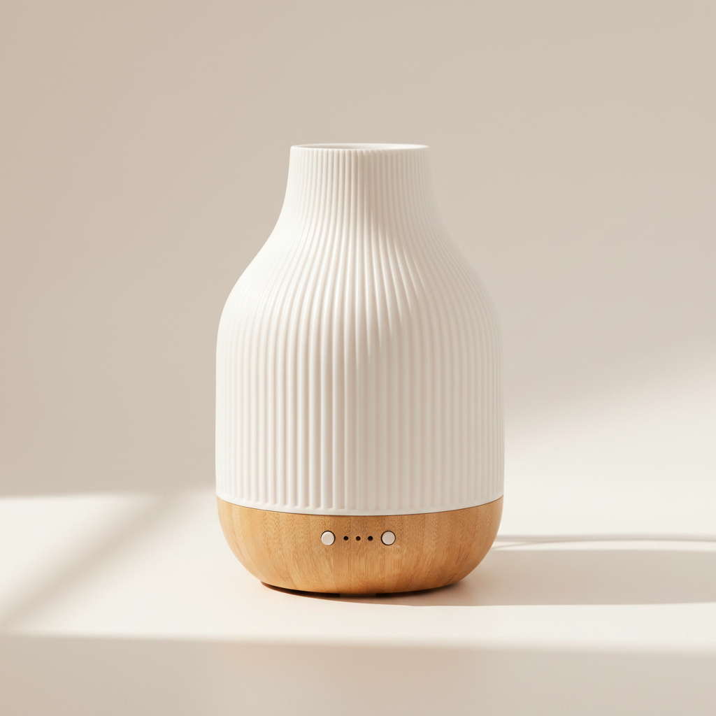 White and wooden diffuser on a light background