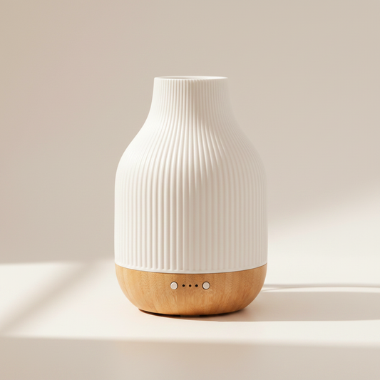 White and wooden diffuser on a light background