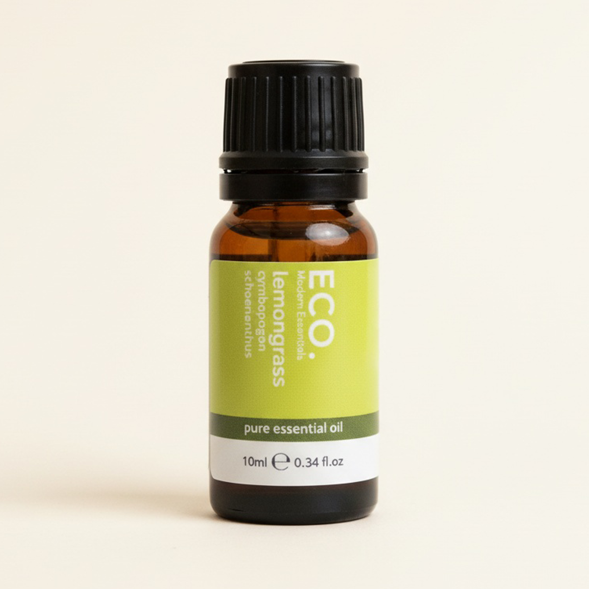Bottle of ECO Lemongrass pure essential oil on a beige background