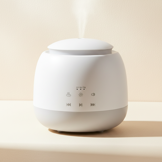 White essential oil diffuser on a beige background