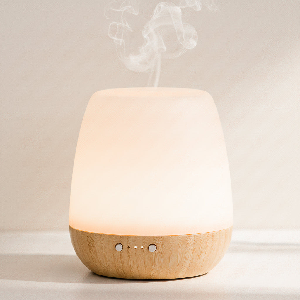Wooden diffuser emitting steam on a light background