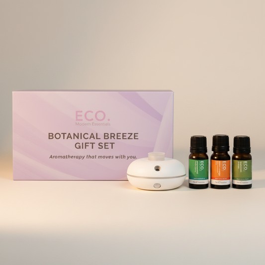 ECO Botanical Breeze gift set with diffuser and bottles on a light background