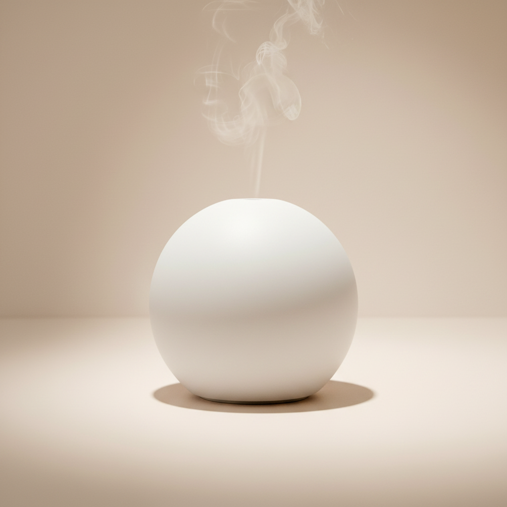 White spherical diffuser emitting steam on a beige background