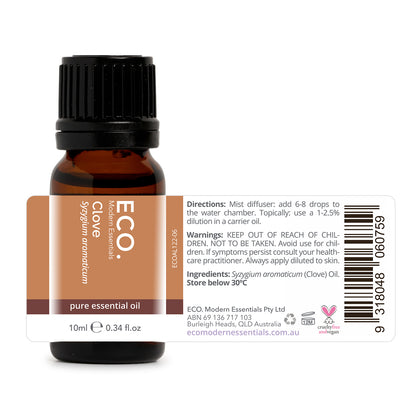 ECO. Modern Essentials Clove essential oil bottle label